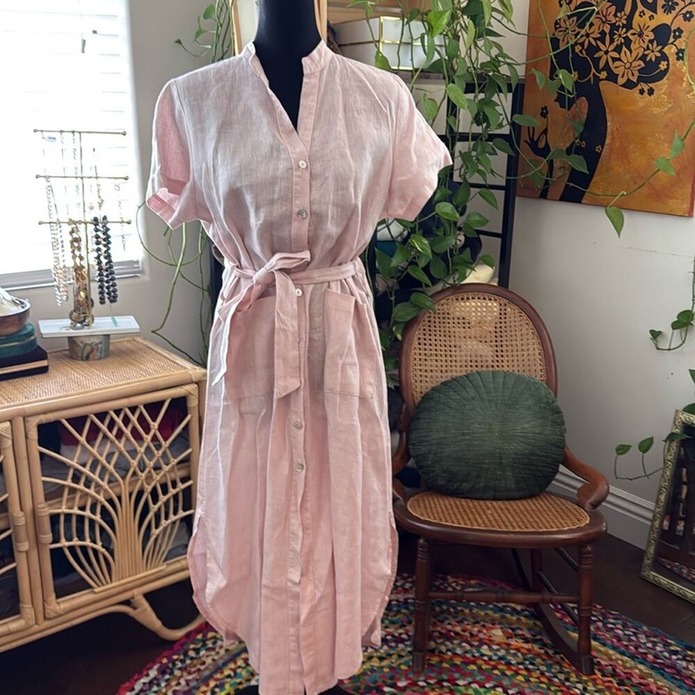 Marche Rosemary Pink 100% Linen Short Sleeve Button Up Femme Resort Shirt Dress